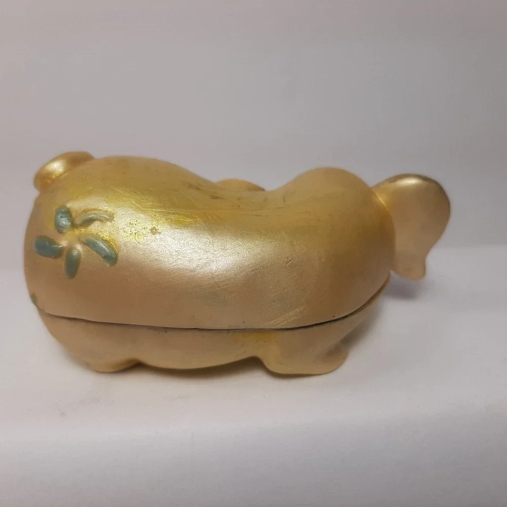 Gold and Pink Happy Smiling Hindu Pig Metal Enamel Hinged Box 3.25